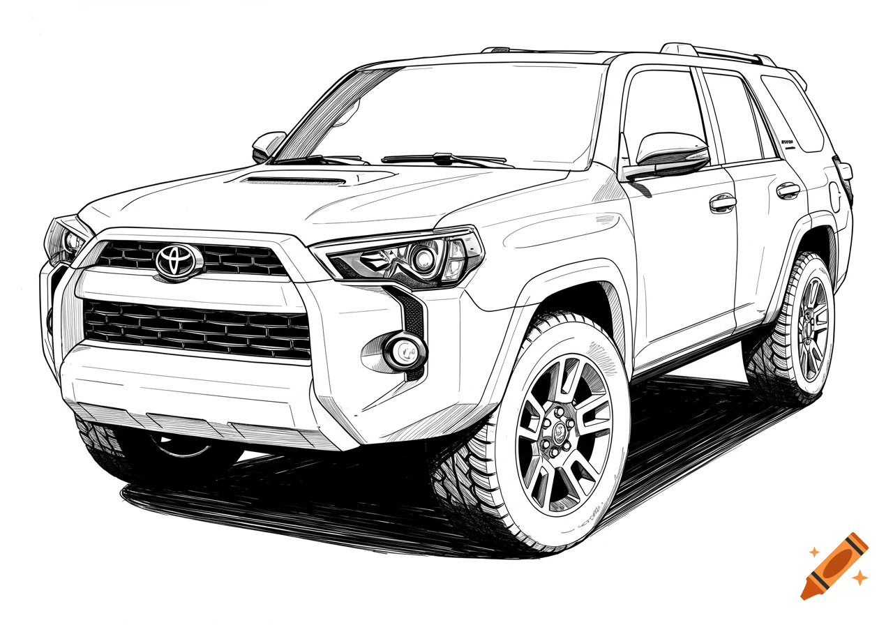 Black and white line drawing of a 2025 Toyota 4Runner SUV from a front quarter view.