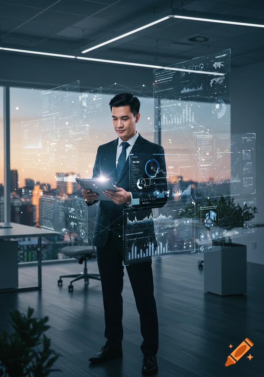 A professional man in a suit looks at a tablet surrounded by glowing holographic data screens in a modern office with a city view at sunset. Photorealistic.