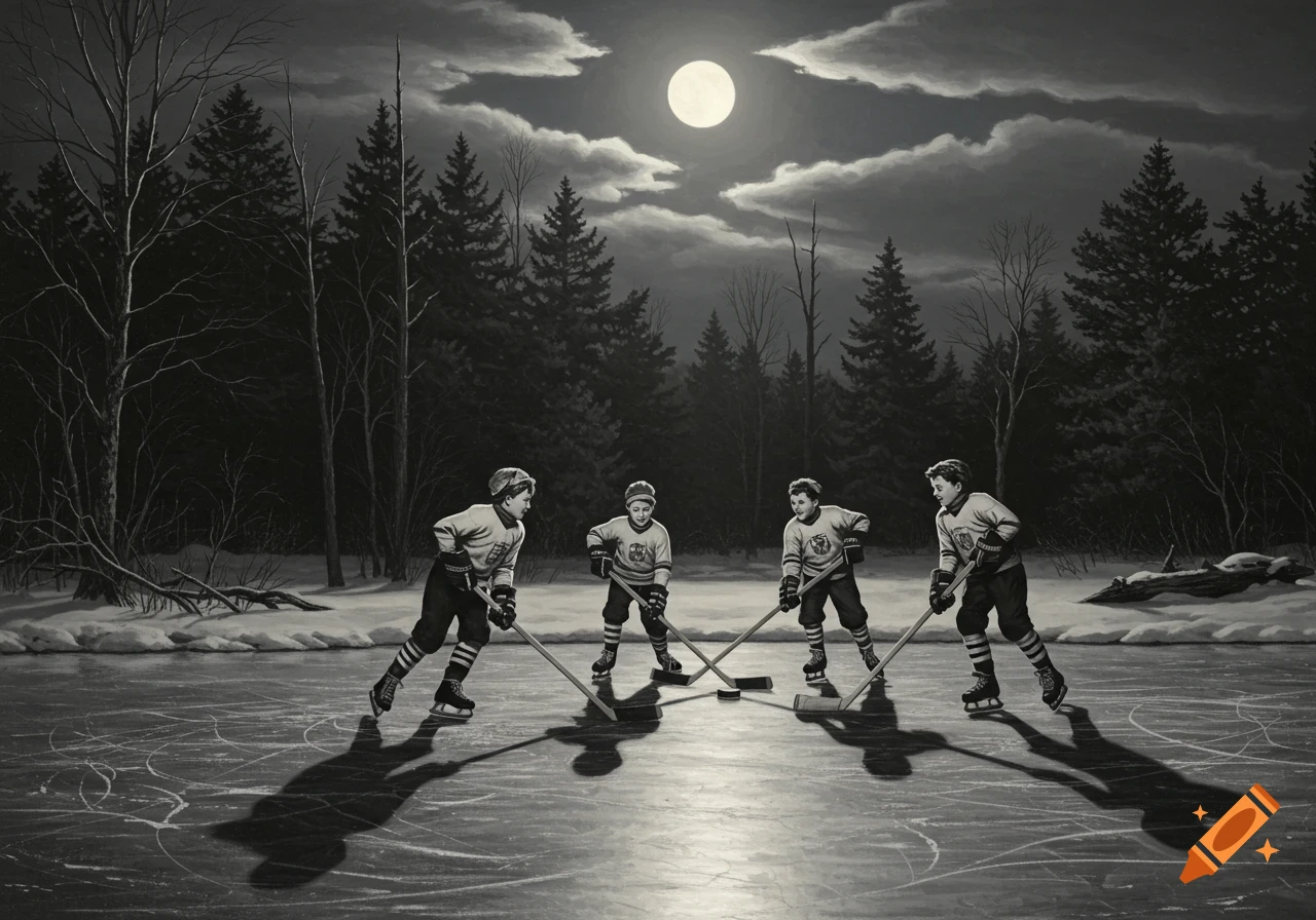 Four children play pond hockey at night under a full moon in a grayscale illustration.