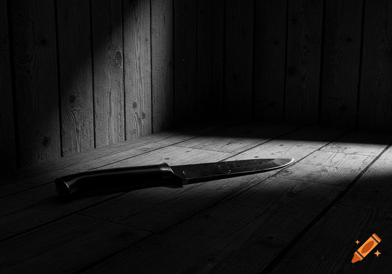 Black and white photograph of a Bowie knife with a wet hilt on a dark wooden floor in a shadowed corner.