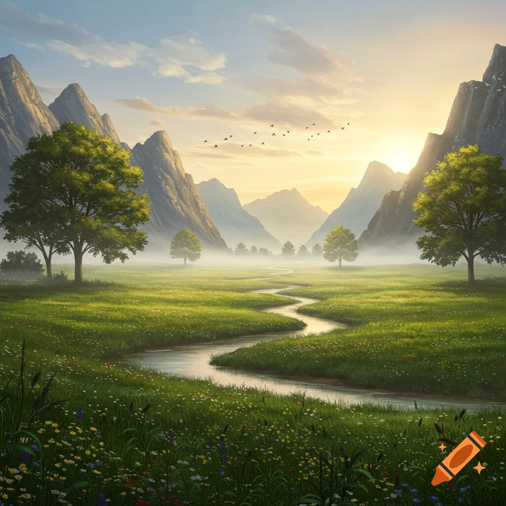 A winding river flows through a vibrant green valley, flanked by tall mountains under a glowing sunrise sky.