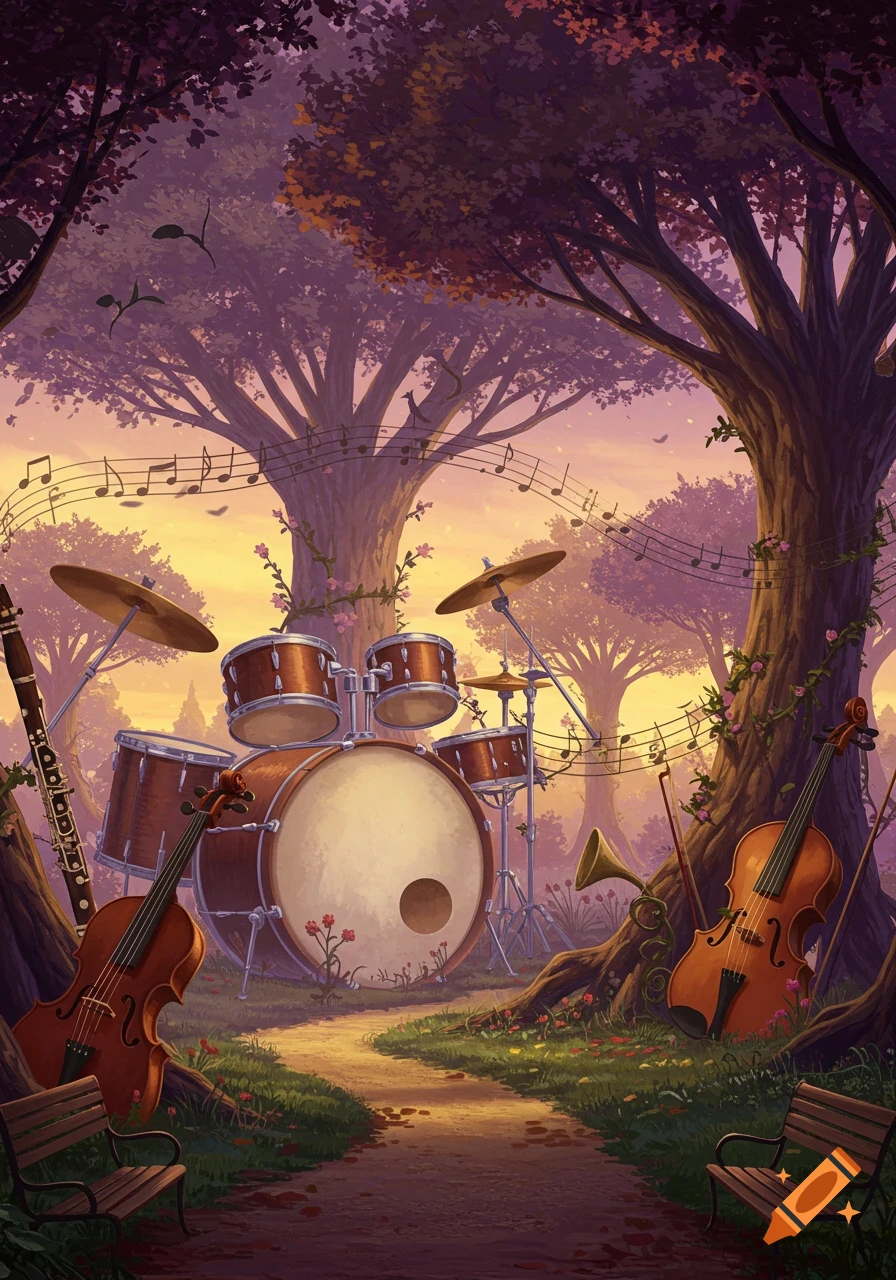 A whimsical illustration of a drum set, violins, a clarinet, and a trumpet in an enchanted forest at sunset, with musical notes floating through the air.