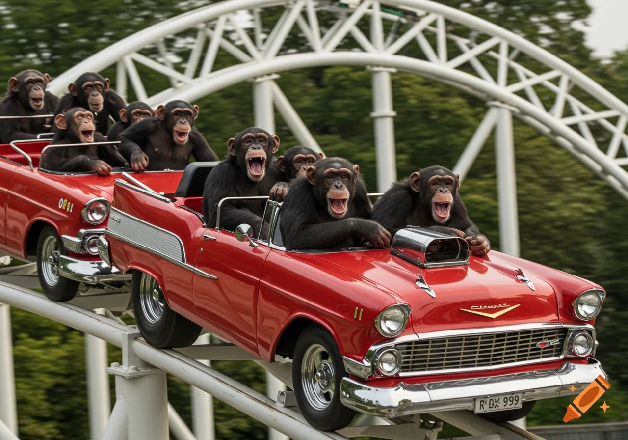 A troop of chimpanzees, mouths open in excitement, ride in a line of red vintage convertible cars on a rollercoaster track with a white arch in the background.
