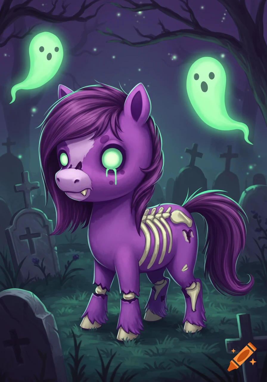 A cartoon chibi zombie horse with purple fur, glowing green eyes, and exposed ribs stands in a spooky graveyard with two green ghosts floating nearby.