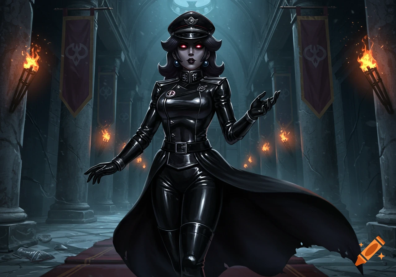 Evil Shadow Queen Peach in a black latex military uniform, with glowing red eyes, standing in a dark, torch-lit gothic castle hall.