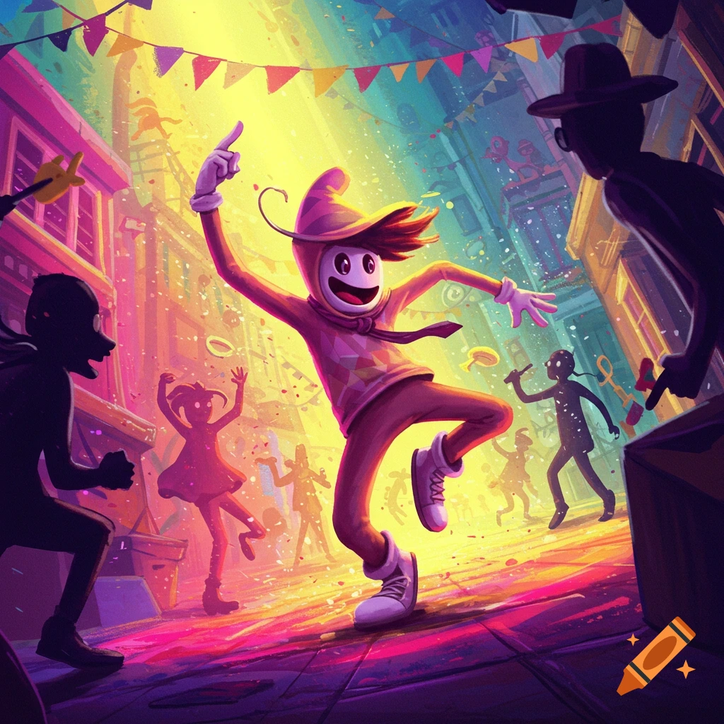 Vibrant cartoon festival scene with characters dancing in a confetti-filled street under bright lights.