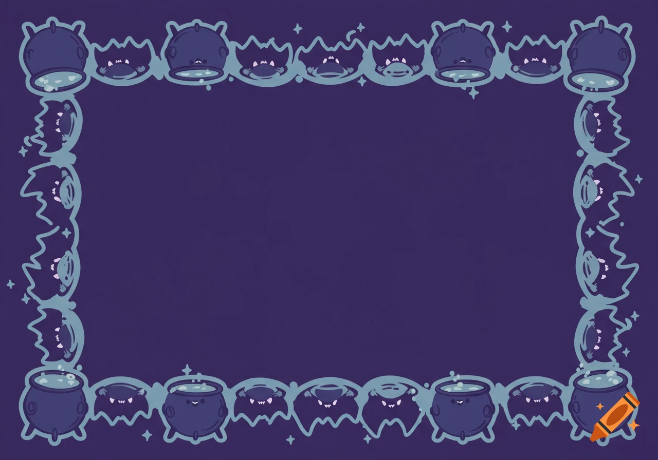 A cartoon vector border with grinning bat silhouettes and bubbling cauldrons in purple, indigo, and pale misty blue.