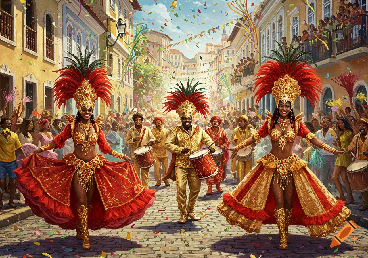 Vibrant painting of a carnival parade with costumed dancers and drummers on a lively, confetti-filled street.