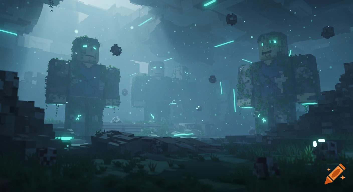 Misty voxel art scene with large, moss-covered blocky statues with glowing eyes and neon lights in dark ruins, Roblox style.