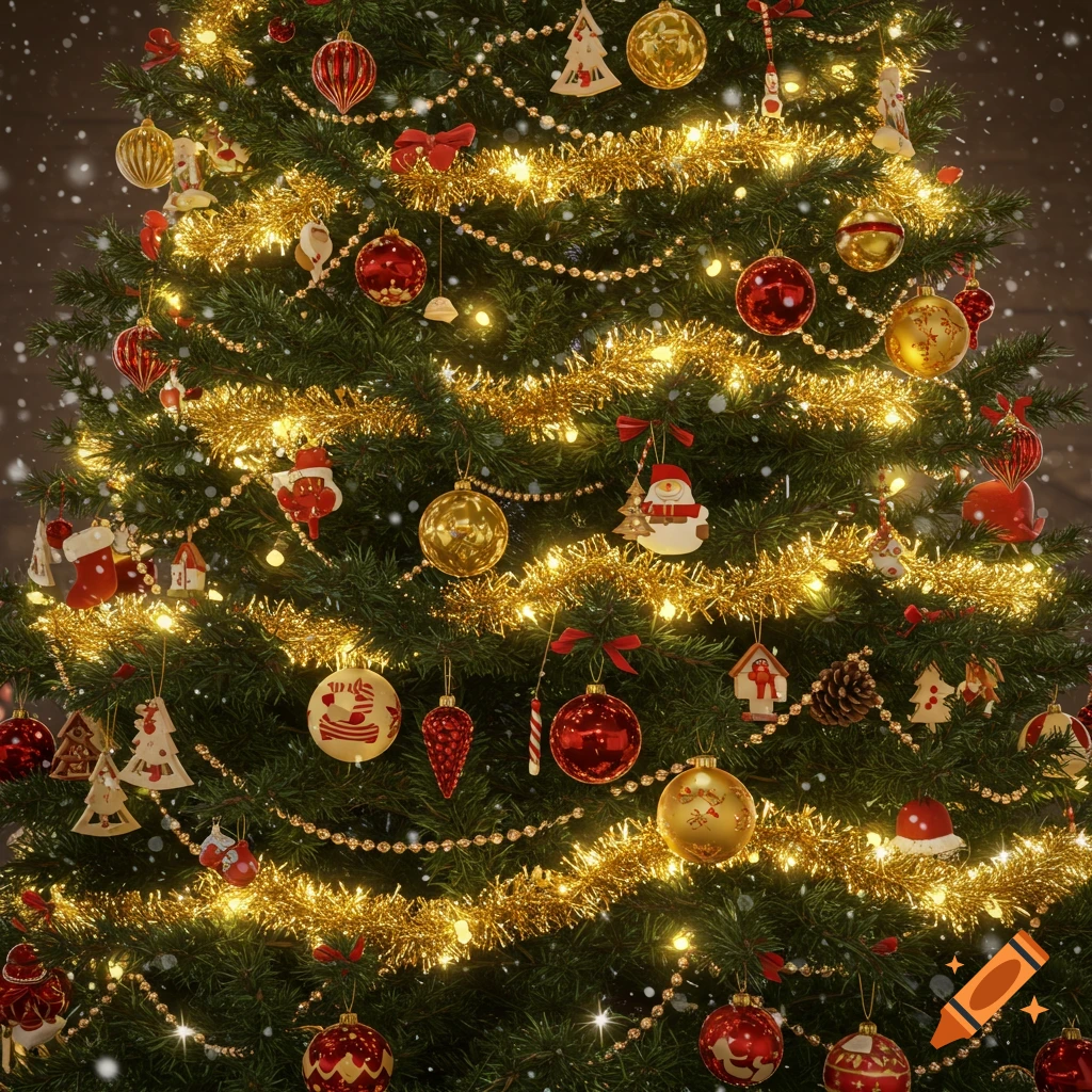 Close-up of a festive Christmas tree adorned with red and gold ornaments, sparkling tinsel, and glowing string lights, with snow falling.