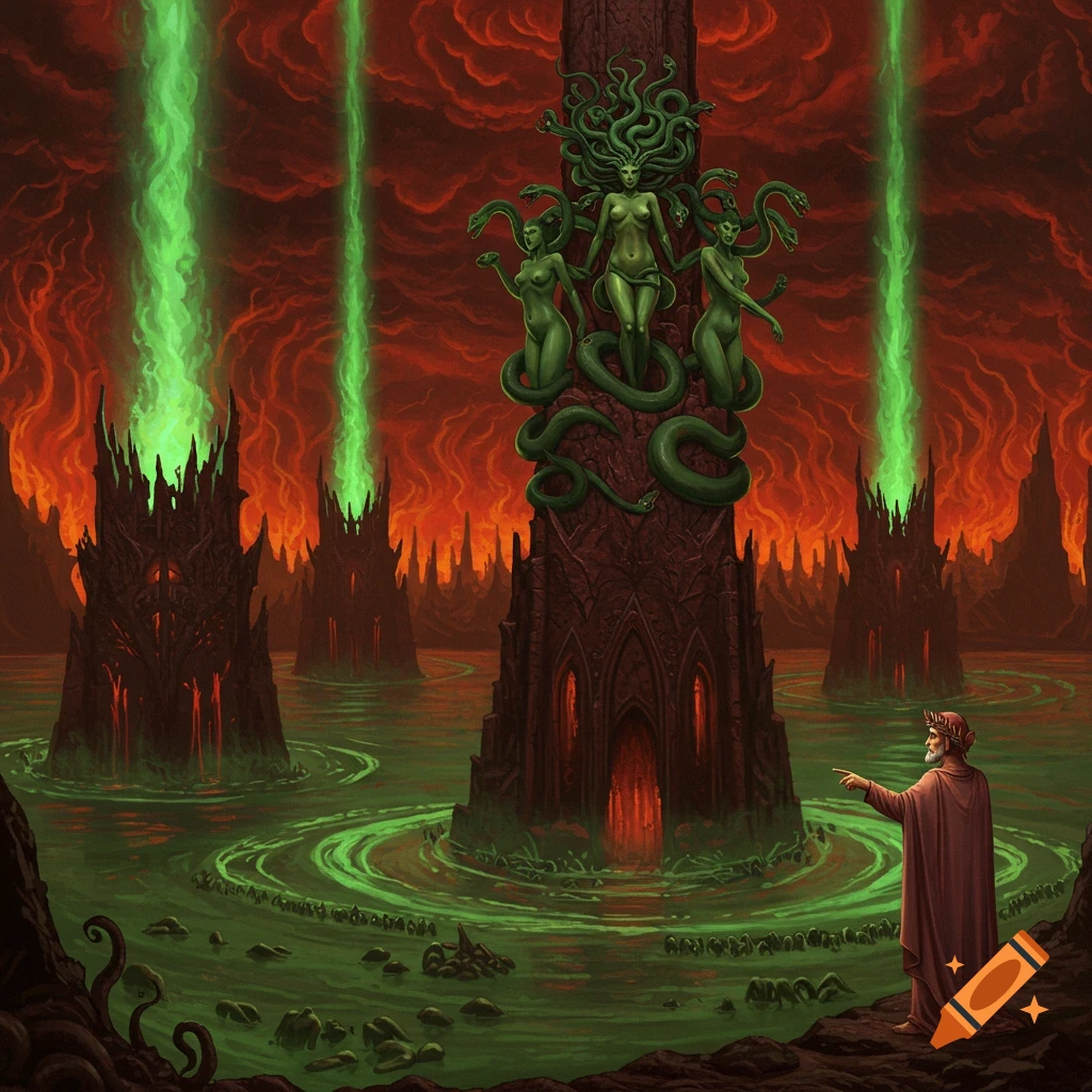 A robed figure points at a dark tower wrapped with three Medusa-like Furies in a hellish landscape with green rivers and red skies, inspired by Dante.