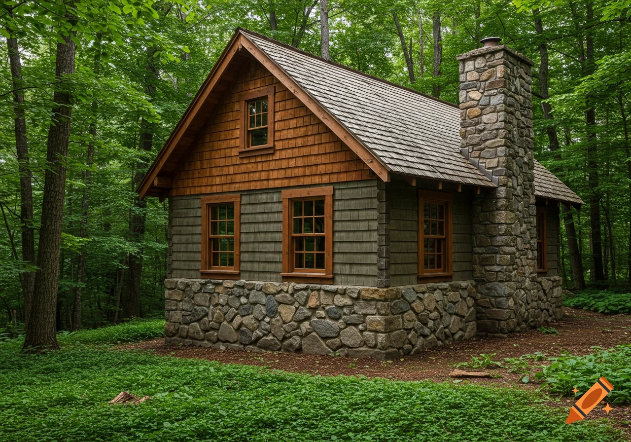 A rustic cabin made of stone and wood shingles, nestled deep within a lush green forest.
