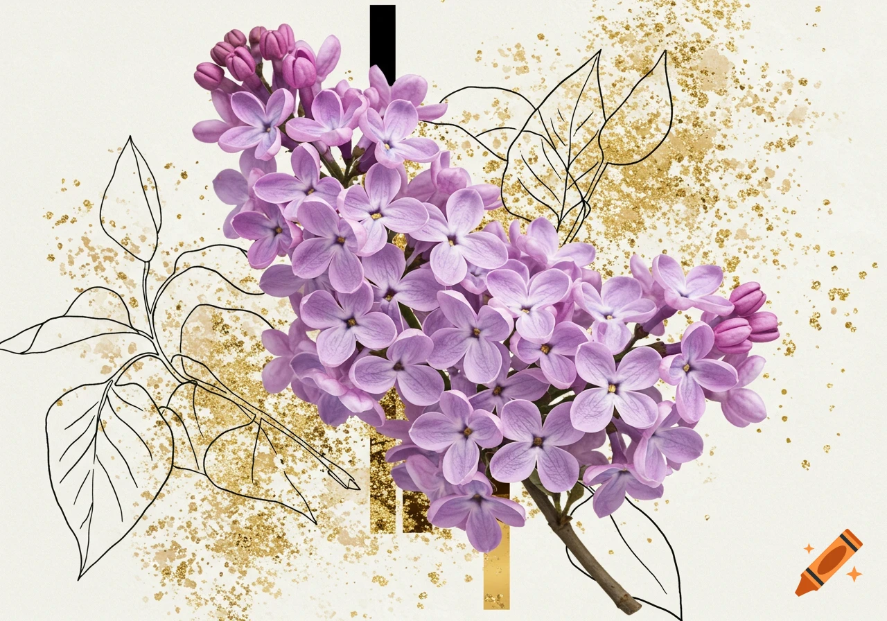 Purple lilacs with golden flecks and black line art leaves in a decorative collage style.