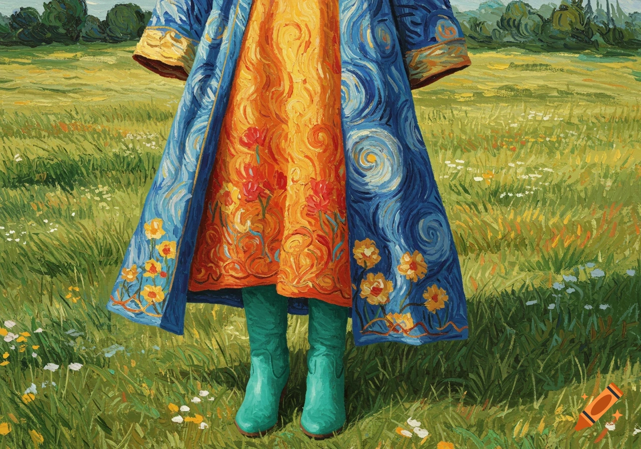 Lower half of a figure in a blue coat, orange dress, and turquoise boots, in a green field, Van Gogh style.