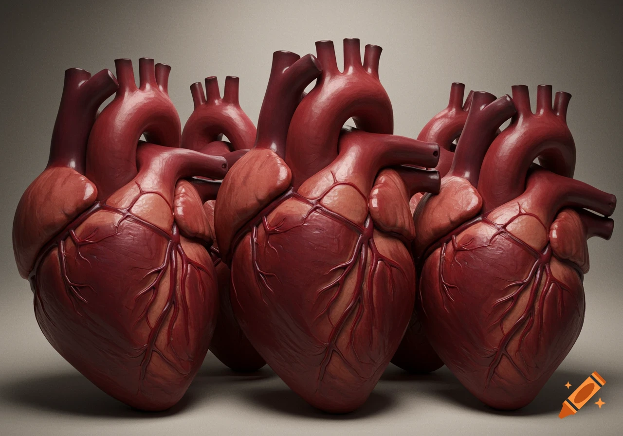 Multiple realistic anatomical human hearts, deeply red, grouped together with a painterly texture on a neutral background.