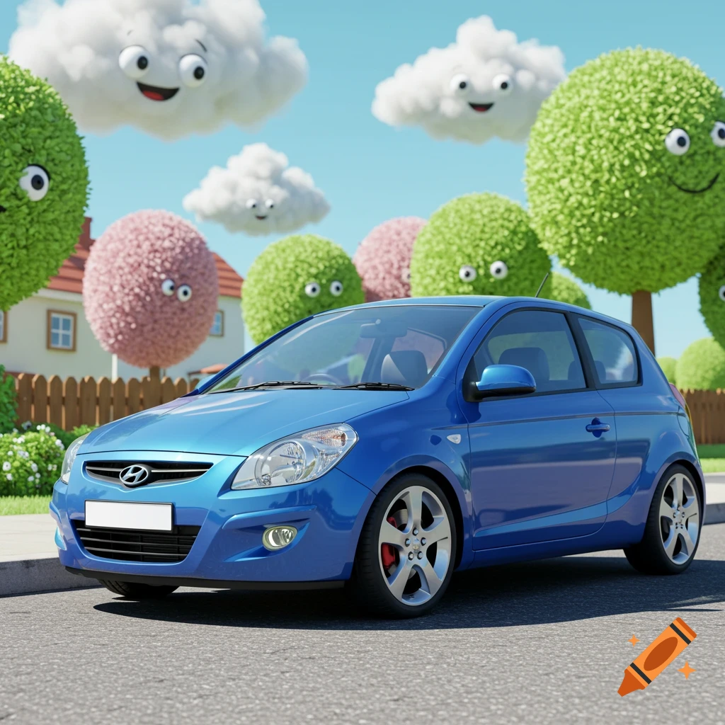 A blue Hyundai i20 car parked on a street in a cartoon world with smiling cloud and tree characters.