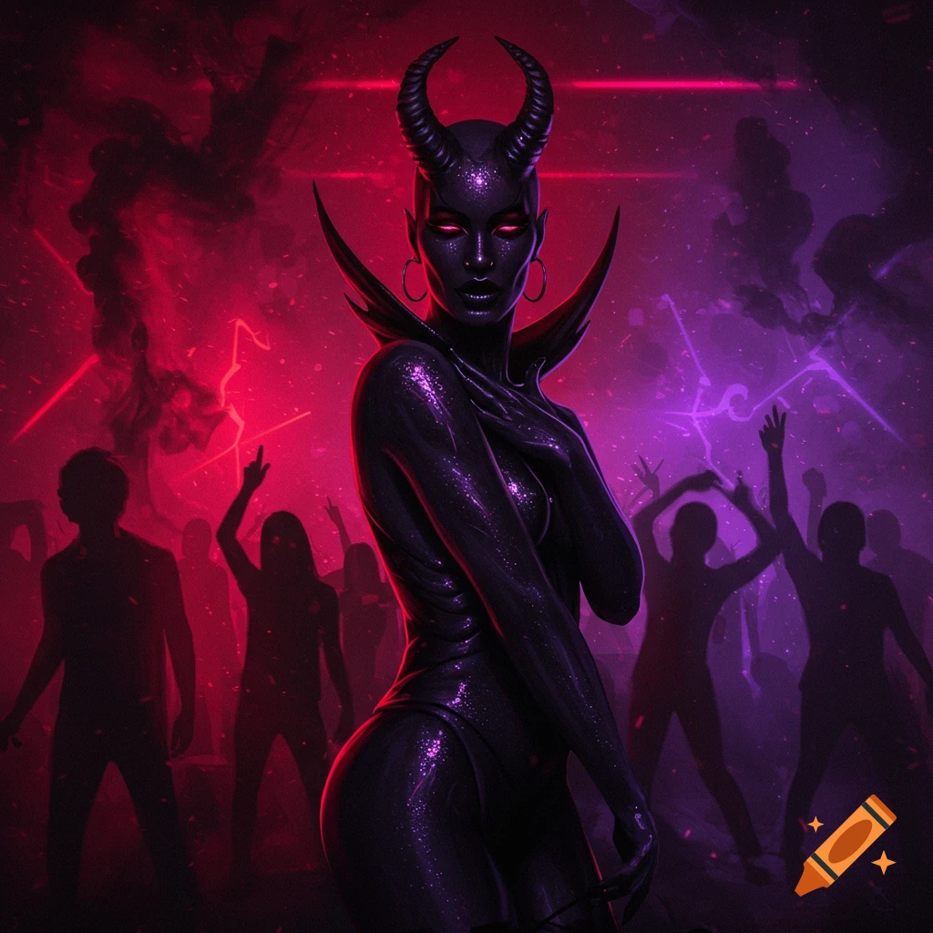 A horned demonic woman with glowing eyes in a dark, form-fitting outfit stands at a vibrant red and purple rave party with dancing silhouettes.