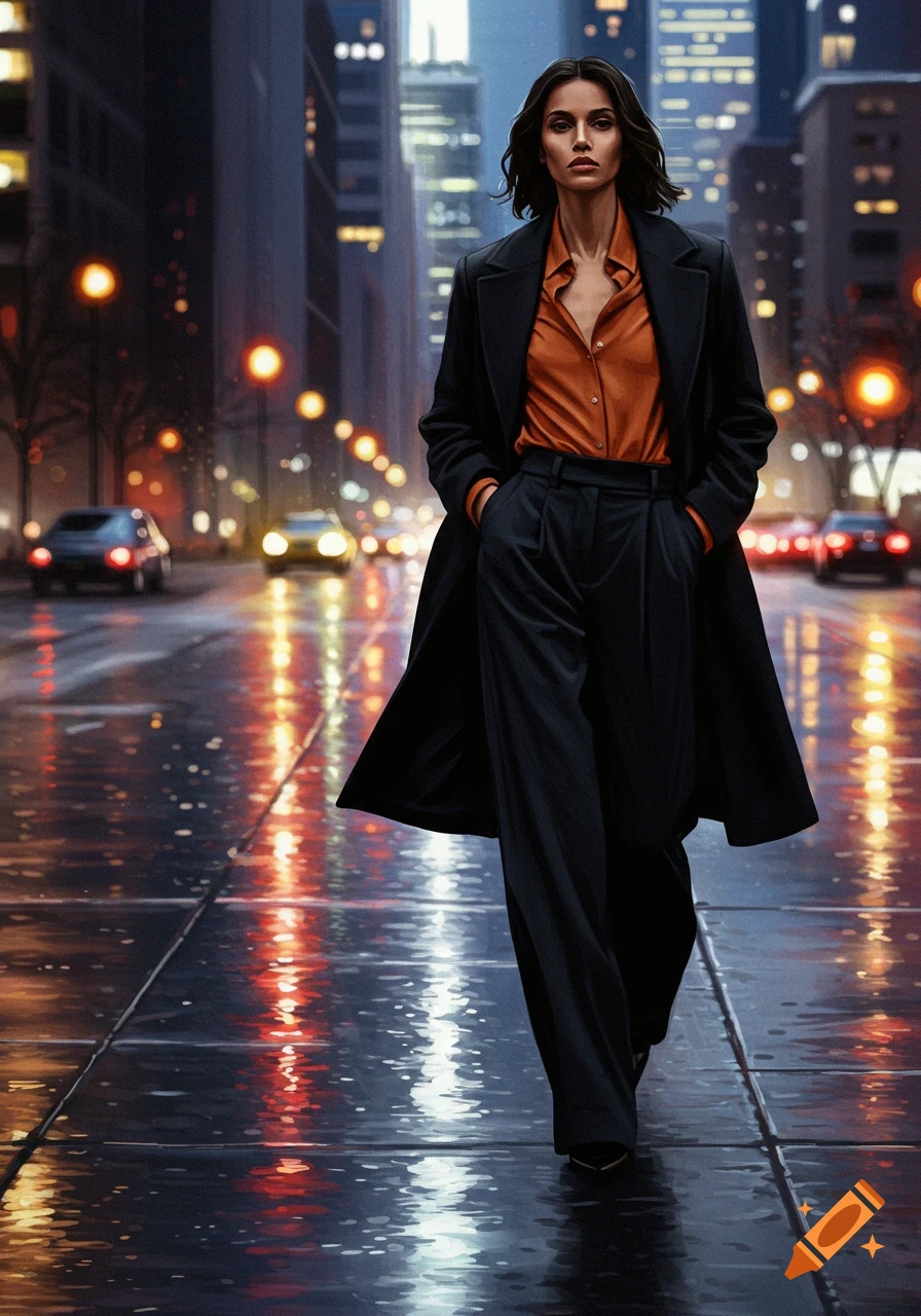 A photorealistic image of a woman in a black overcoat, orange shirt, and black wide-leg pants walking on a wet city street at night.