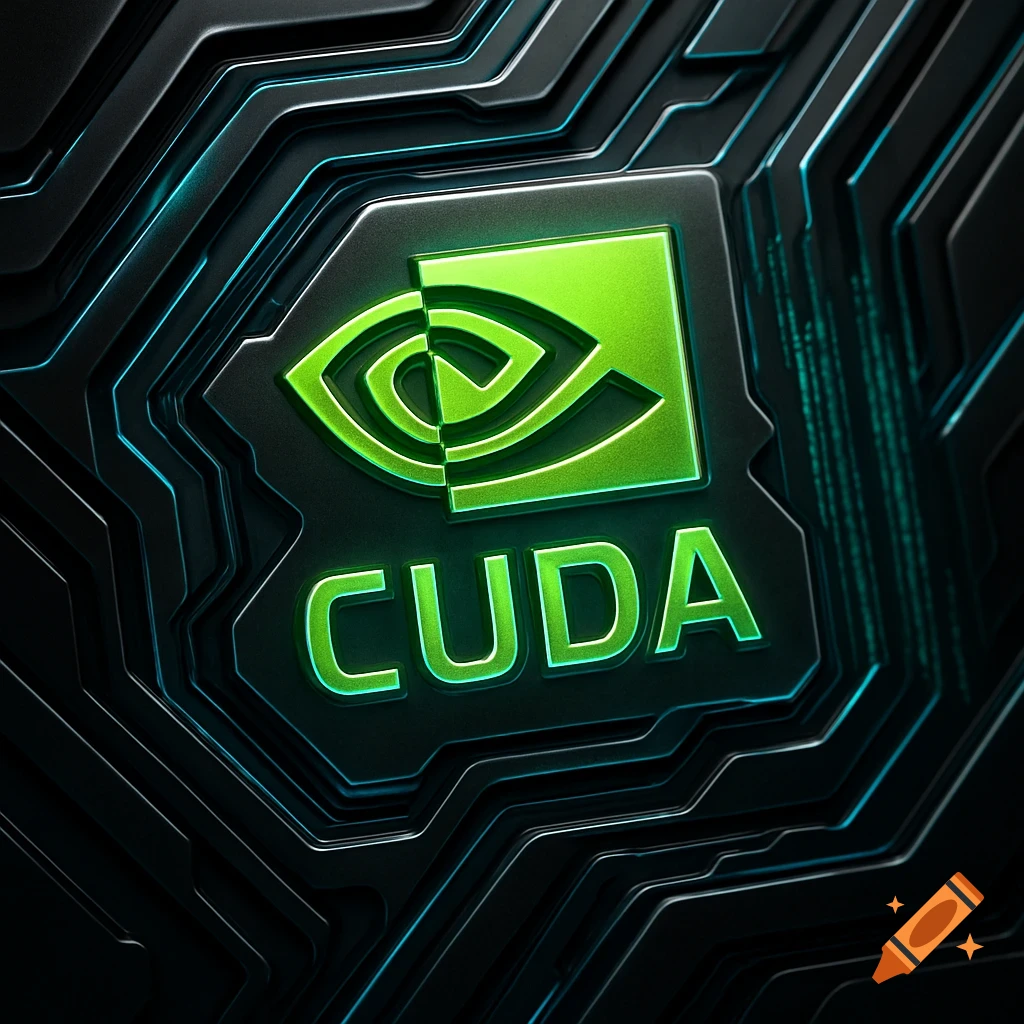 Glowing green NVIDIA logo and 'CUDA' text on a dark, metallic circuit board background.