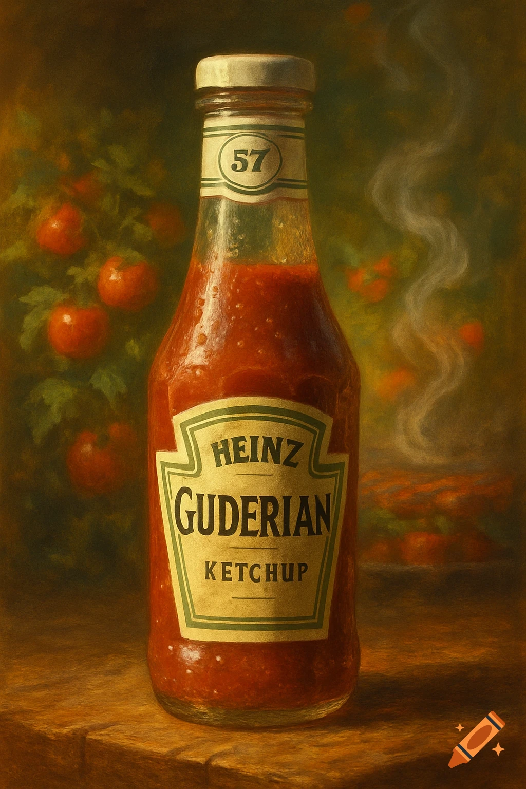 A still life painting of a Heinz Guderian ketchup bottle with tomatoes in the background.