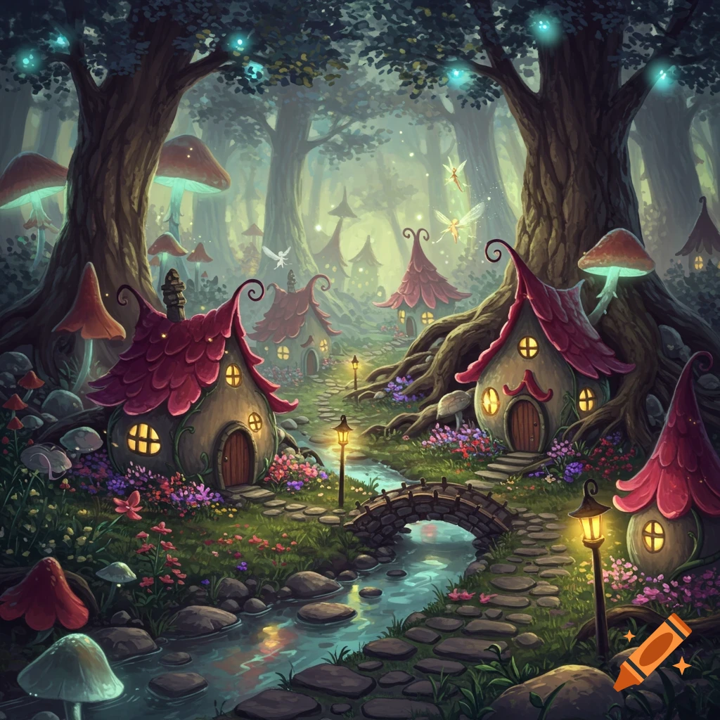 A vibrant, whimsical fairy village in a magical forest, with mushroom houses, glowing plants, a stream, and tiny fairies.