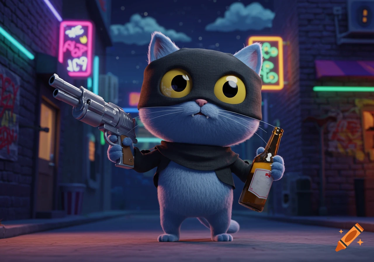 A cute blue cartoon cat in a black balaclava holds a silver revolver and a beer bottle in a neon-lit alley at night.