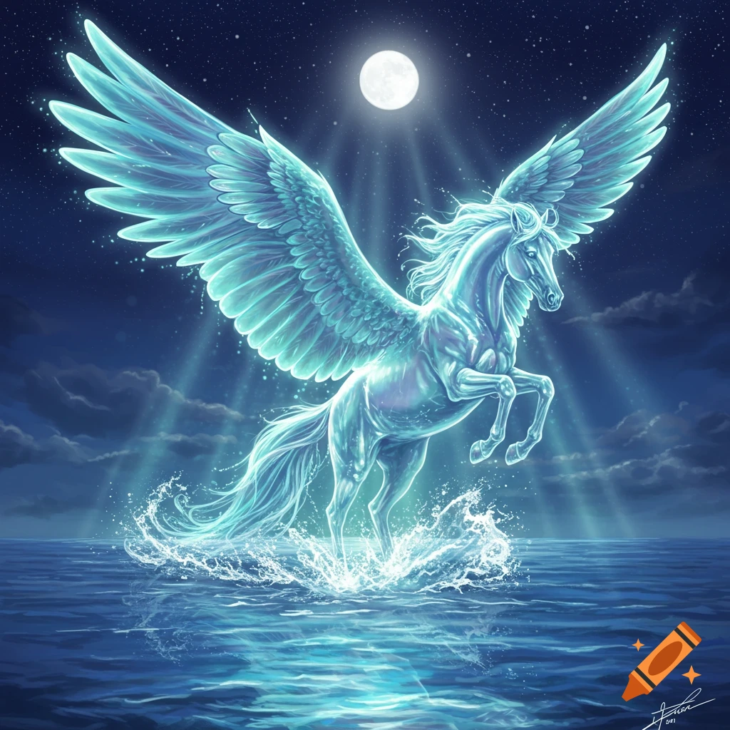 A glowing, transparent pegasus emerges from the ocean at night, under a radiant full moon, in a fantastical art style.
