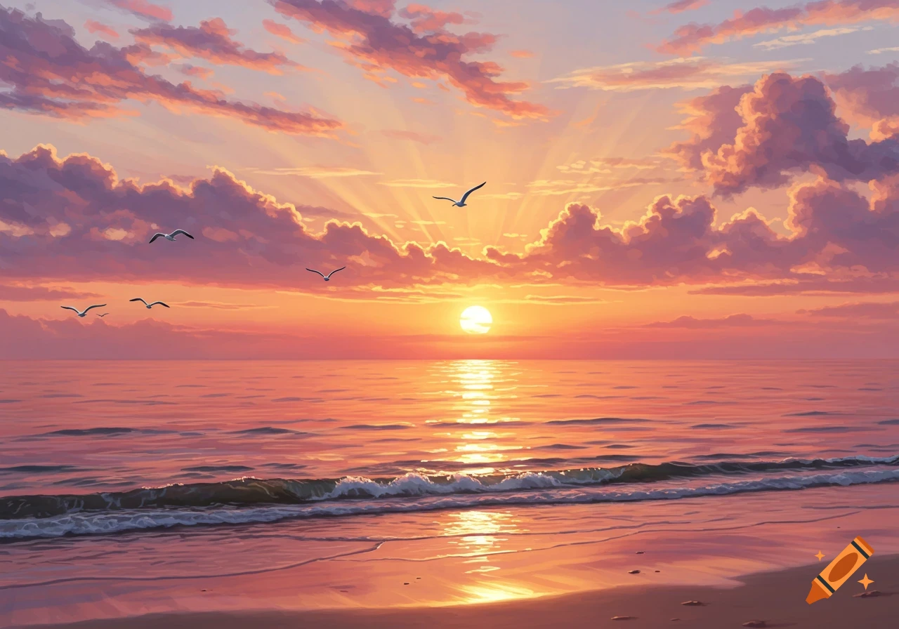 Vibrant sunset over a sandy beach and ocean, with pink and orange clouds, golden sun rays, and seagulls flying. Stylized art.