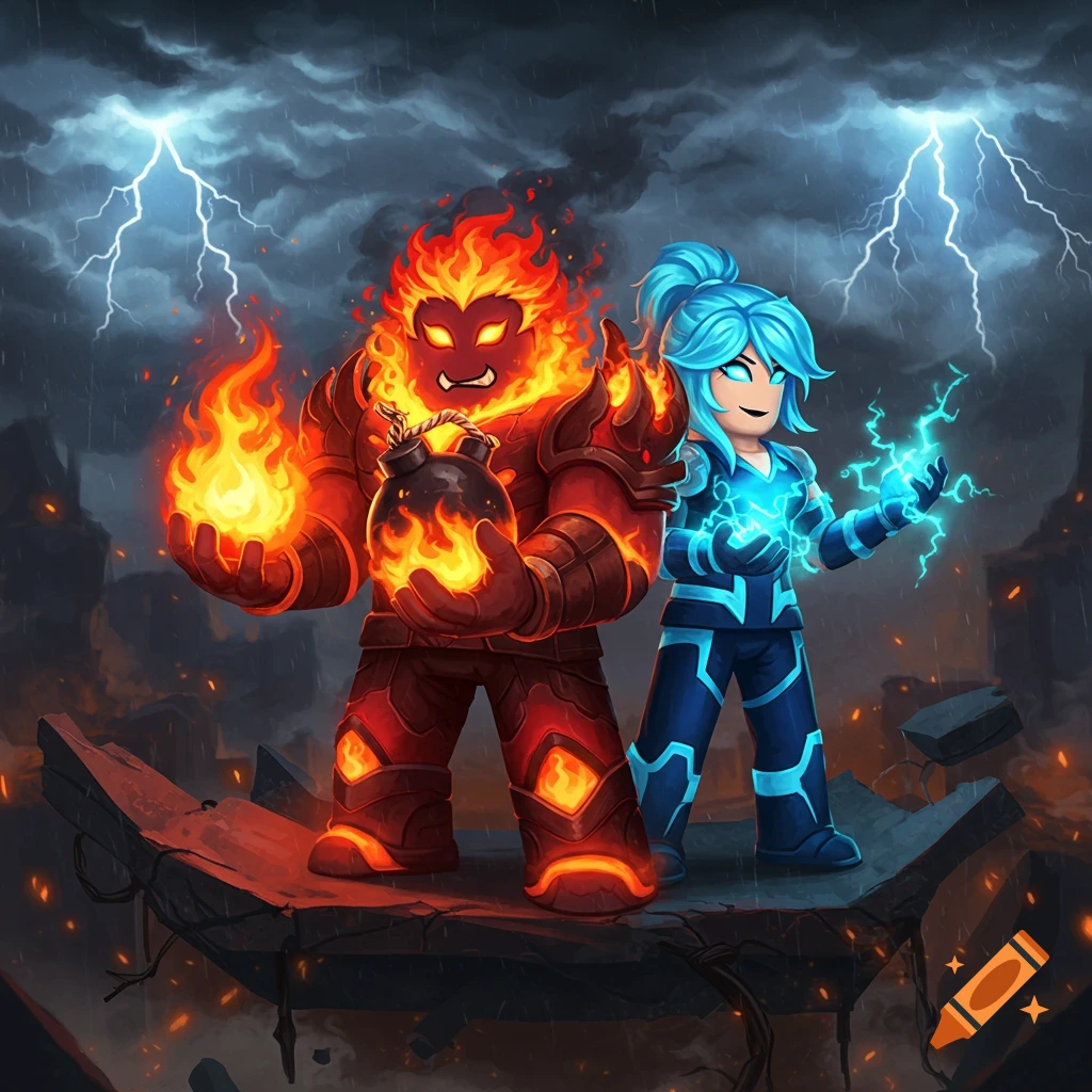 A stylized Roblox-style image of a fire monster holding a fiery bomb next to a lightning girl, on a crumbling bridge under a stormy sky.