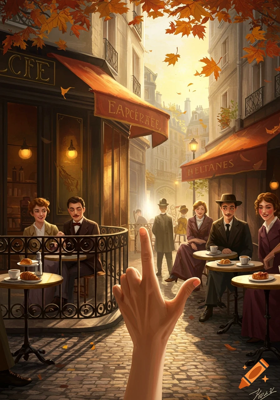 Illustrative painting of an autumn Parisian street cafe with a hand pointing towards patrons, falling golden leaves, and historic architecture.