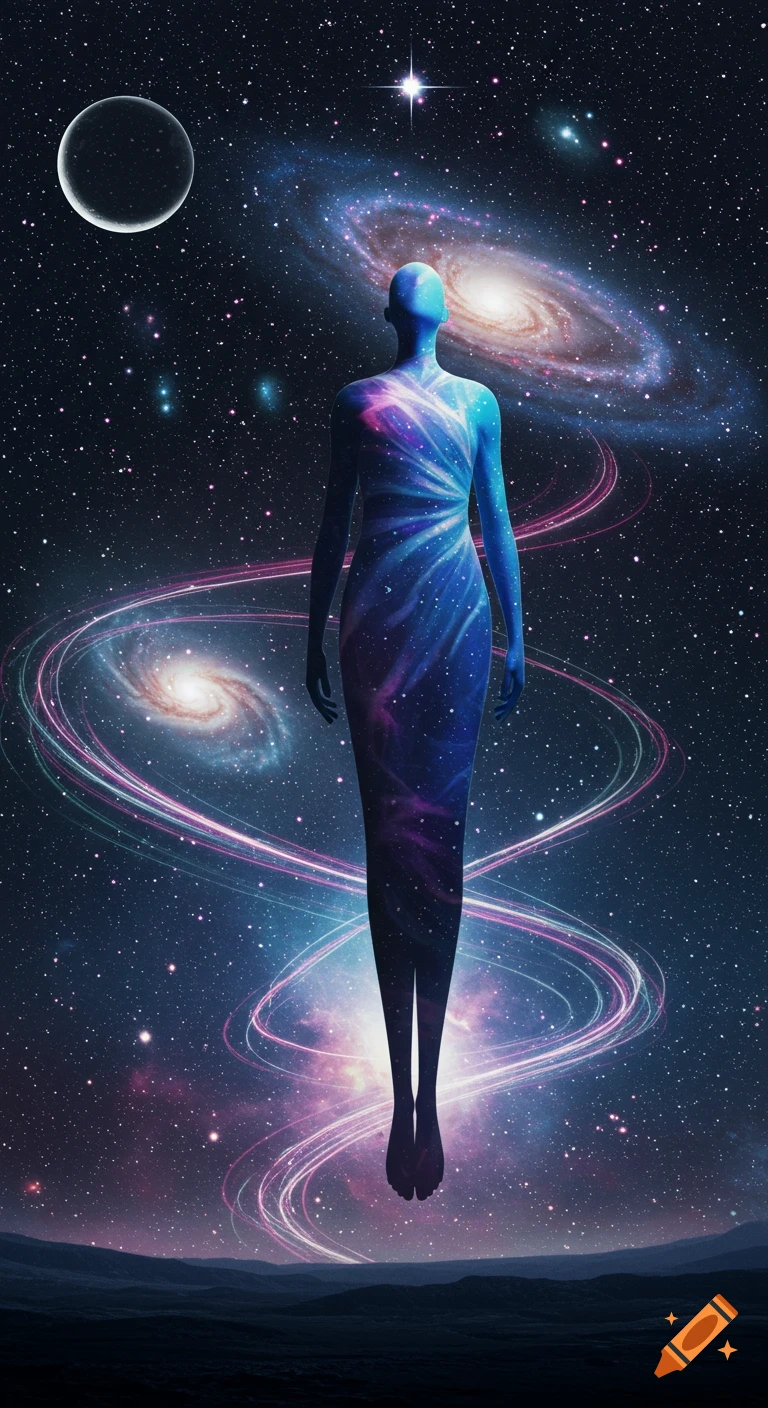 A celestial figure, swirling with galaxies and stars, floats vertically in deep space above a dark planet, with a crescent moon and spiral galaxies.