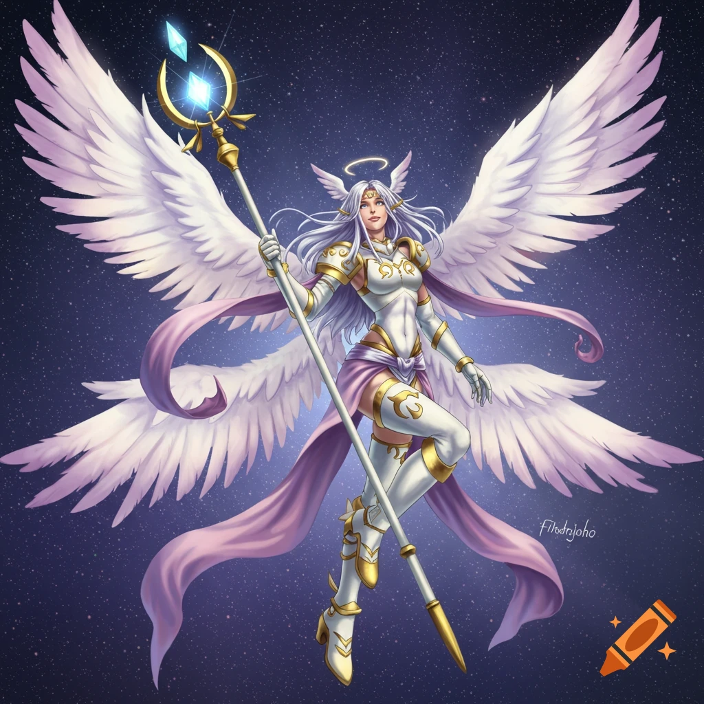 Anime-style angel warrior with white wings, long white hair, and a halo, in white and gold armor, holding a glowing staff against a starry sky.