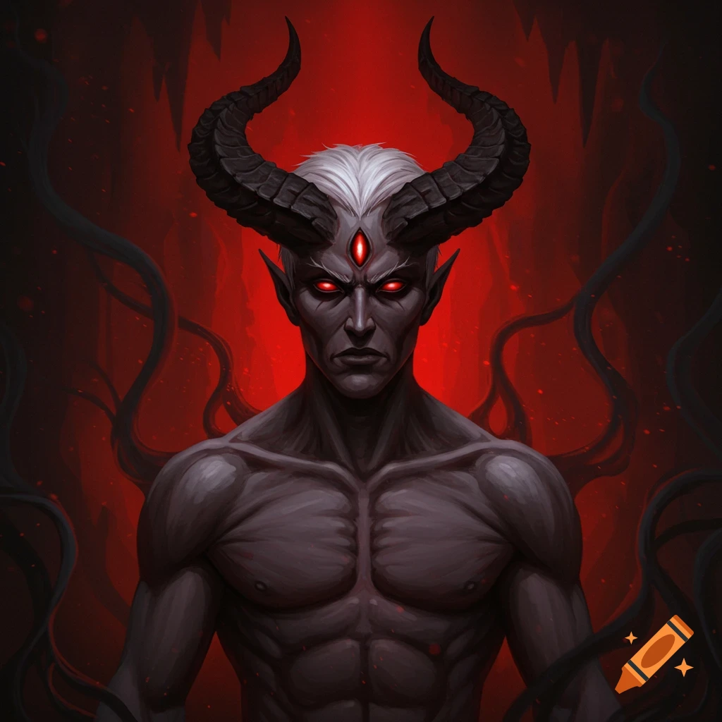 A muscular male devil with white hair, black horns, glowing red eyes, and a third eye on his forehead against a dark red background.
