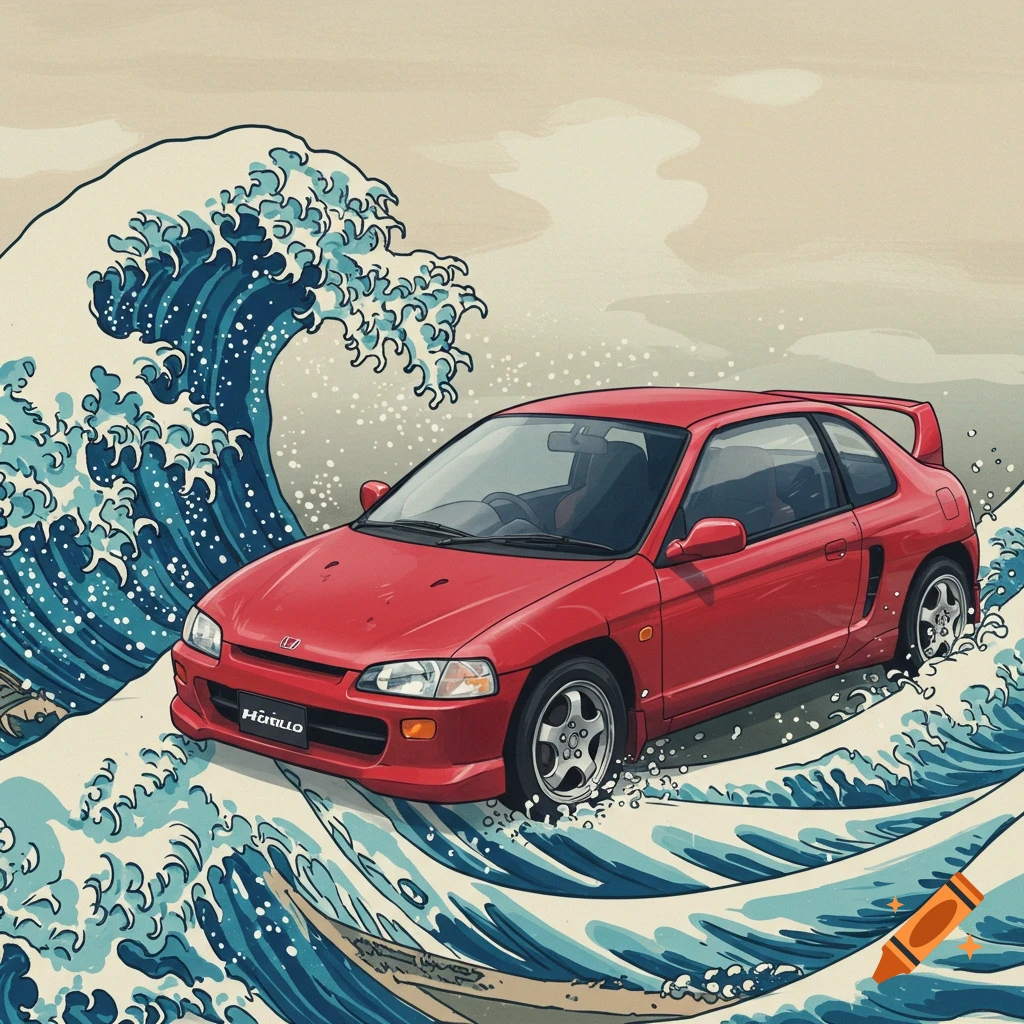 A red Honda Beat coupe drives through large, stylized blue waves, reminiscent of Hokusai's Great Wave art style.