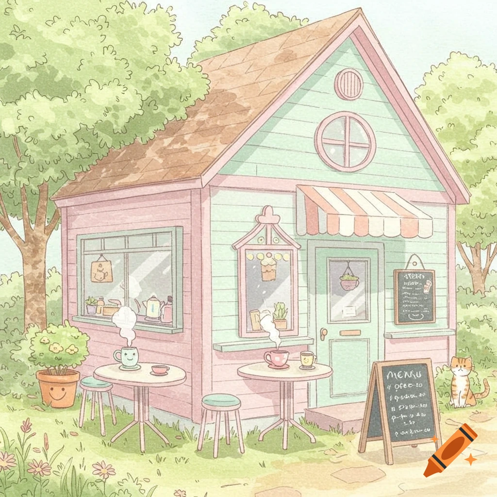 A cute pastel watercolor cartoon coffee shop with outdoor seating and a cat.