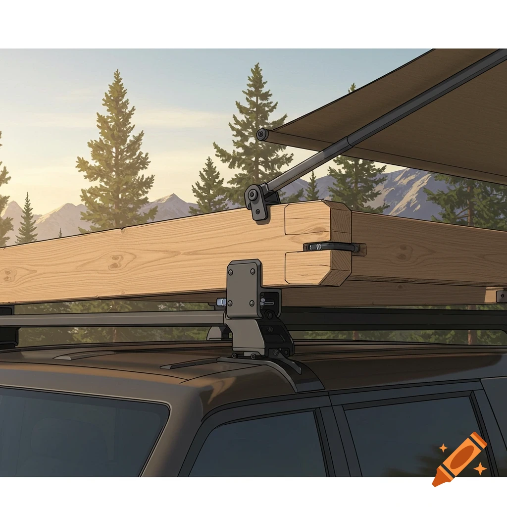 Close-up of a custom wooden roof rack with an awning on a dark SUV, with pine trees and mountains in the background.