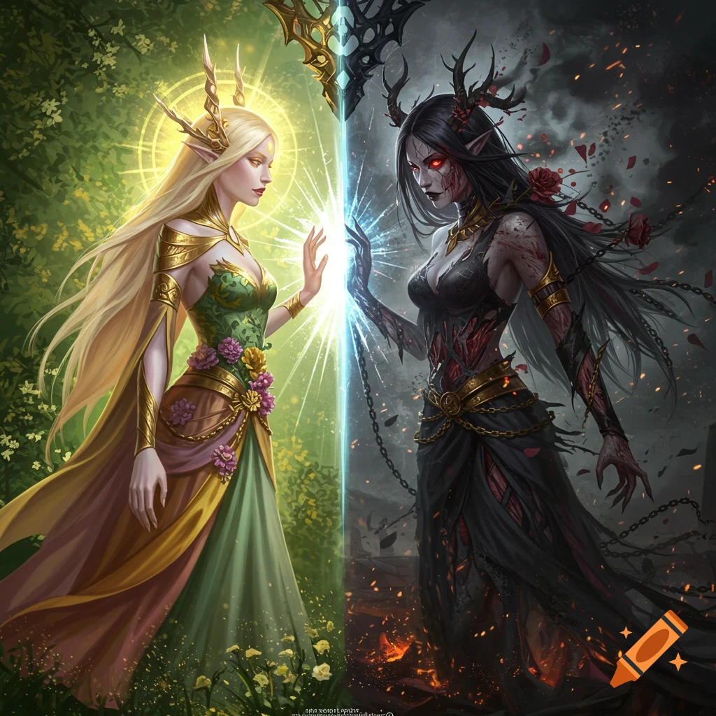 A fantasy artwork depicting two goddesses, one luminous and ethereal in a green and gold dress, and the other dark and gothic in a torn black dress, facing each other across a glowing magical barrier.