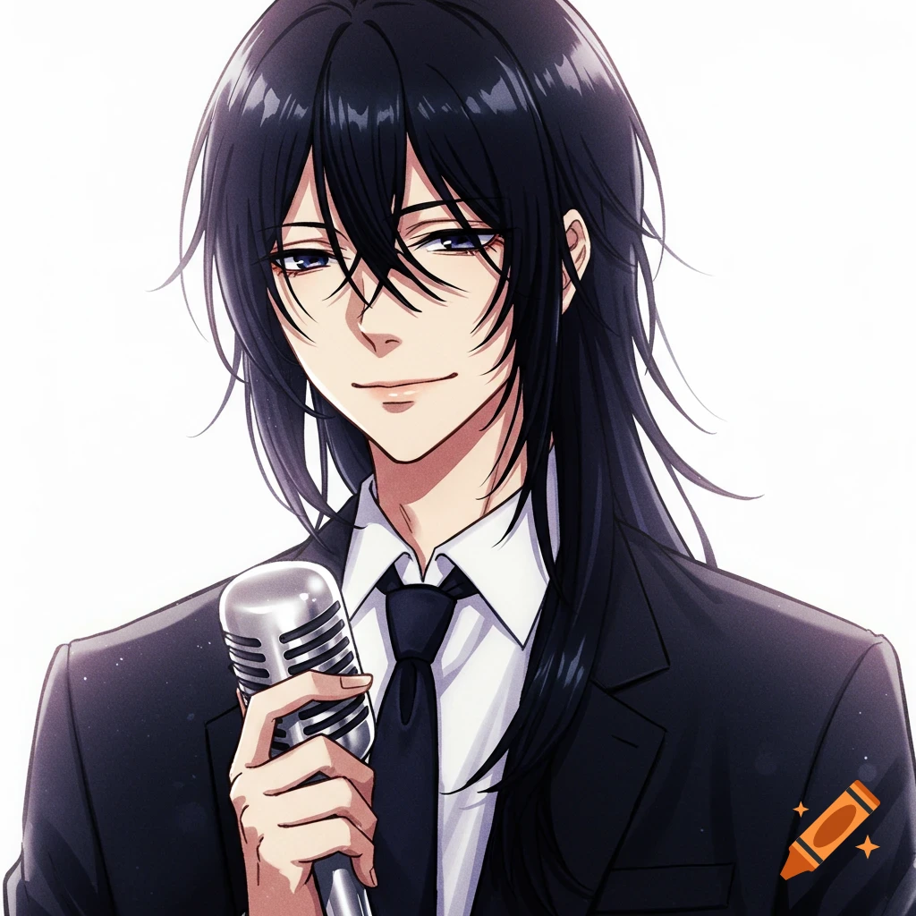 Anime man with long black hair in a suit and tie, holding a silver microphone with a subtle smile.