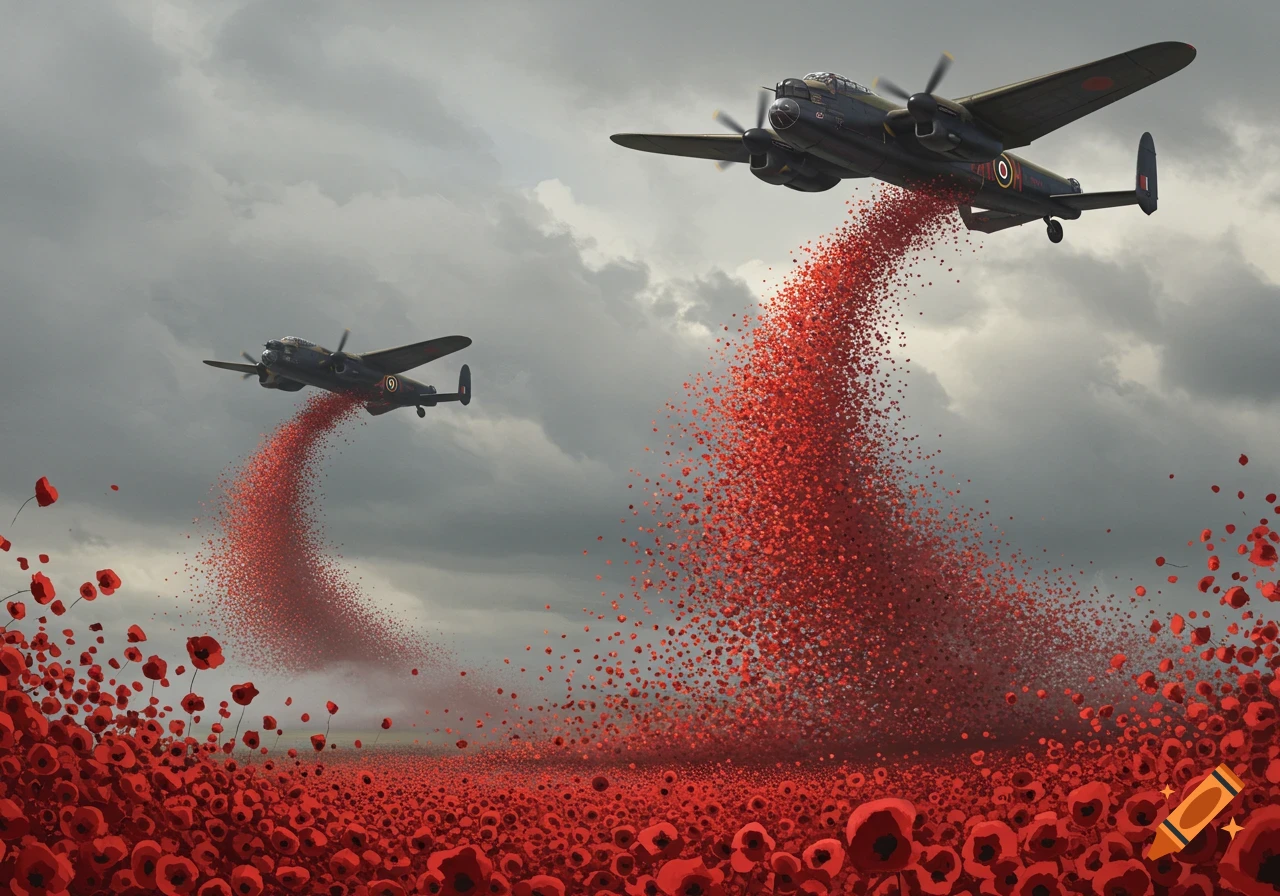 Two WWII-era Lancaster bombers fly in a cloudy sky, releasing streams of thousands of red poppies that form a vast field below.