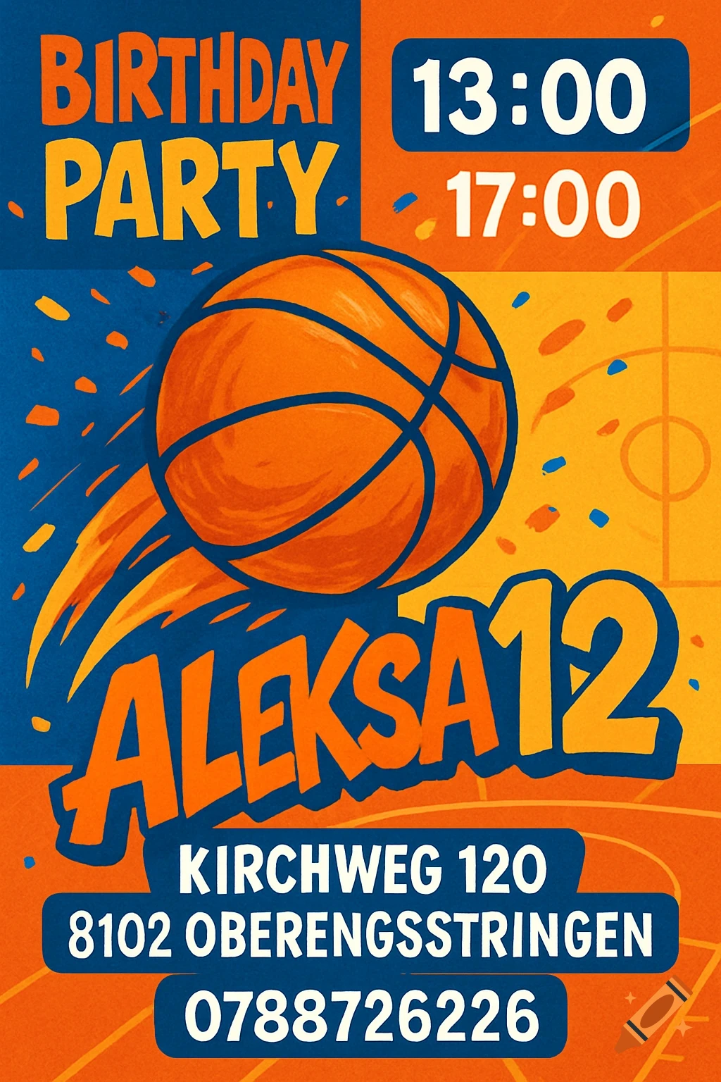 An orange and blue birthday party invitation with a basketball, showing event details.