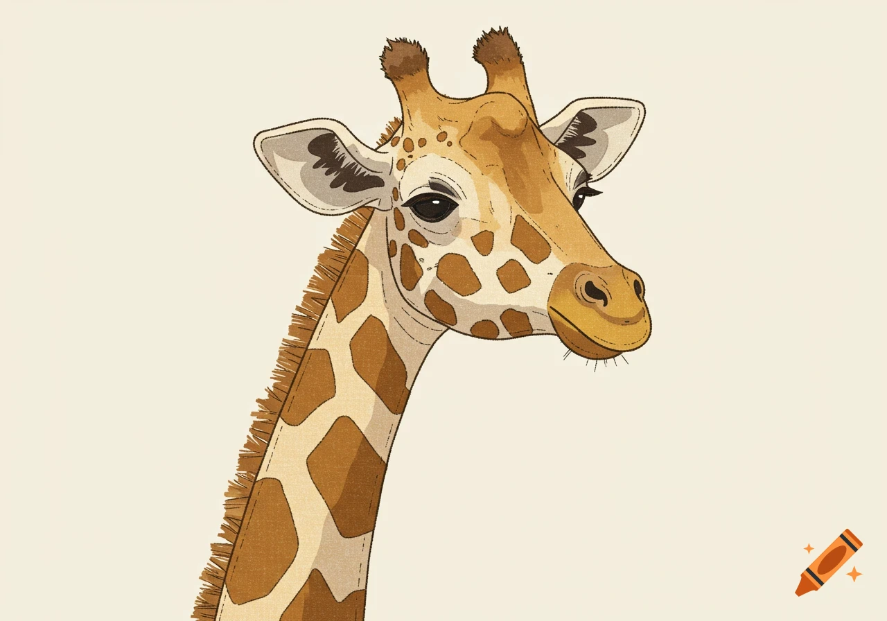 A close-up illustration of a giraffe's head and long neck in a simple, textured applique style on a plain background.