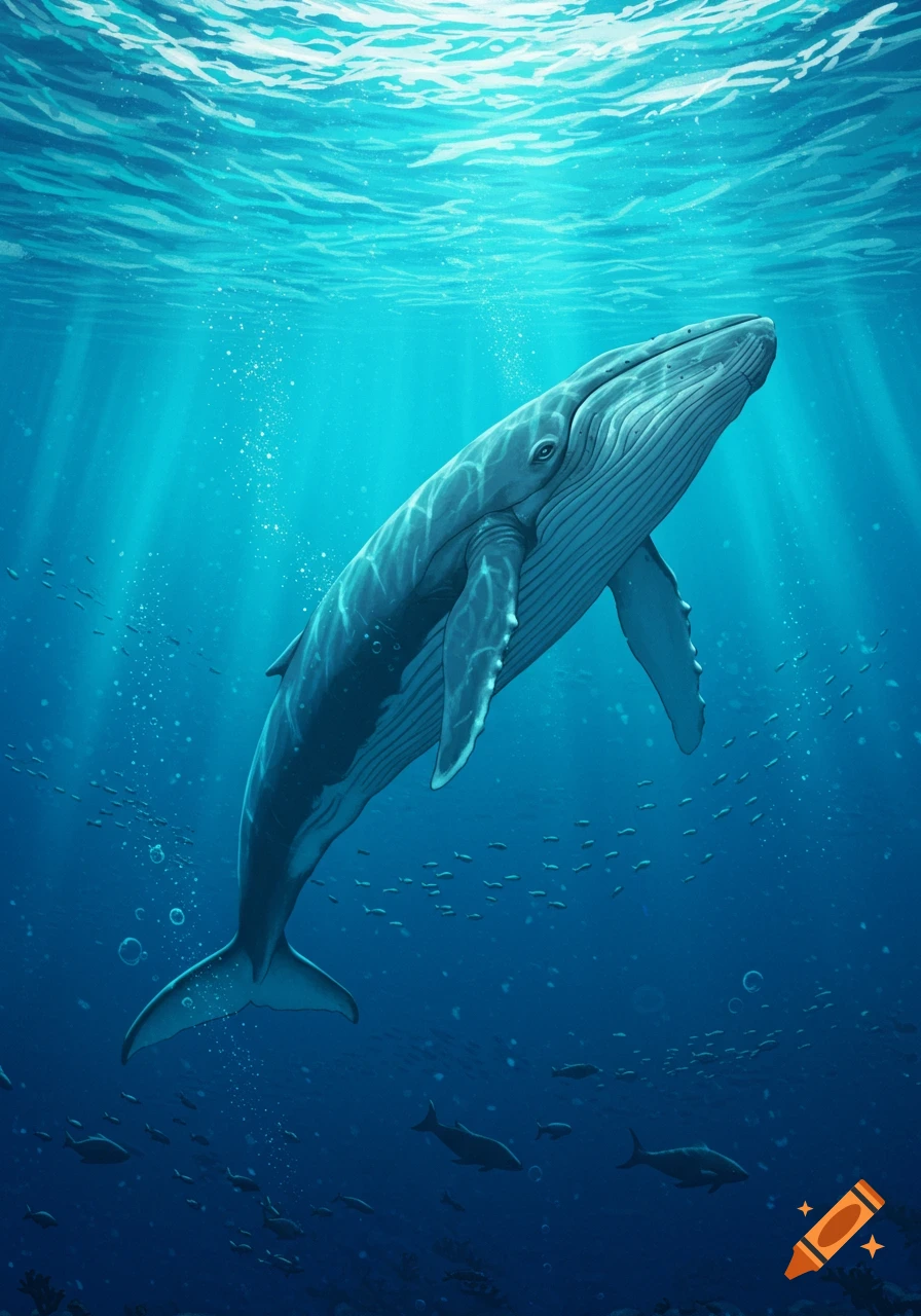 A large blue whale swims gracefully in bright blue ocean waters, with sun rays filtering from the surface and schools of smaller fish below.