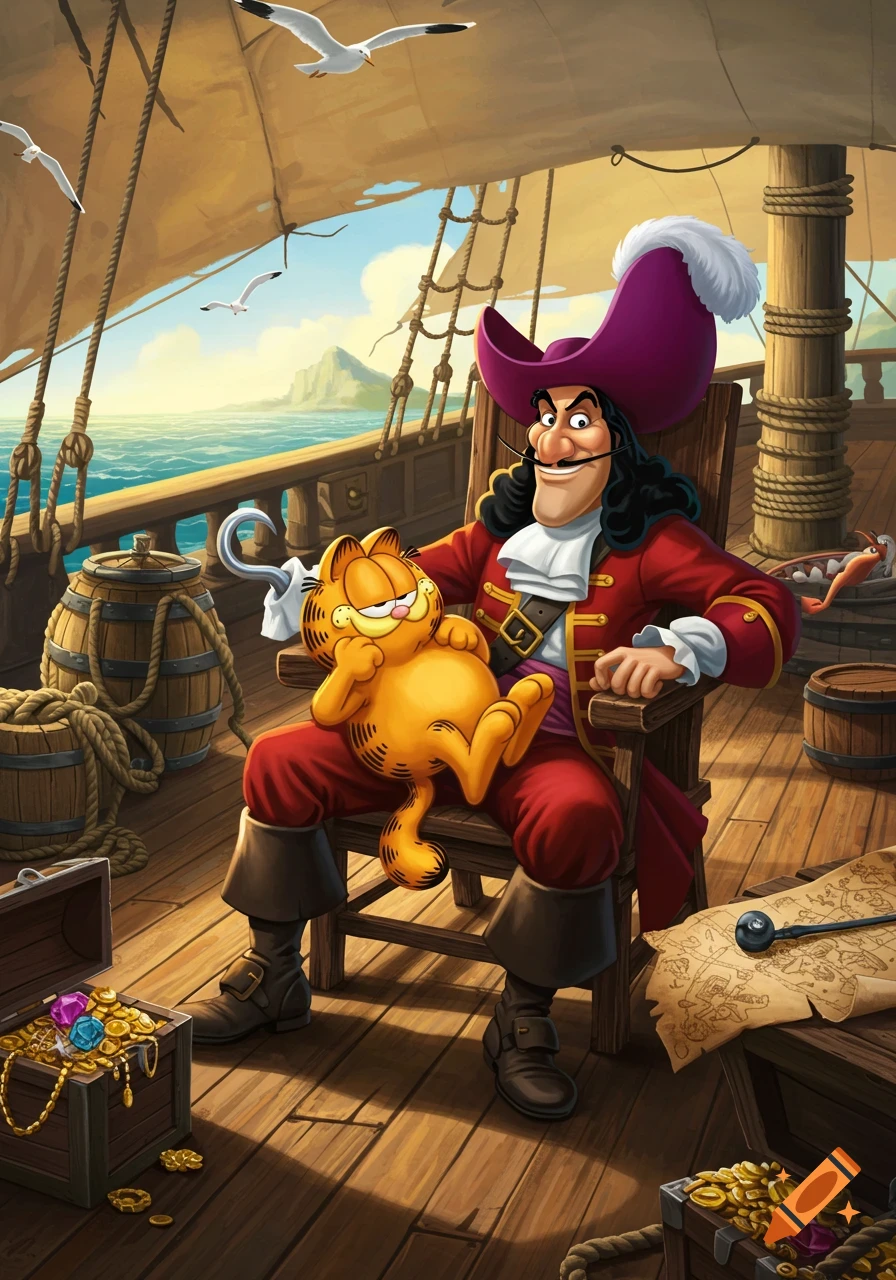 Cartoon Captain Hook sits on his pirate ship with Garfield lounging in his lap, surrounded by treasure chests. Illustration.