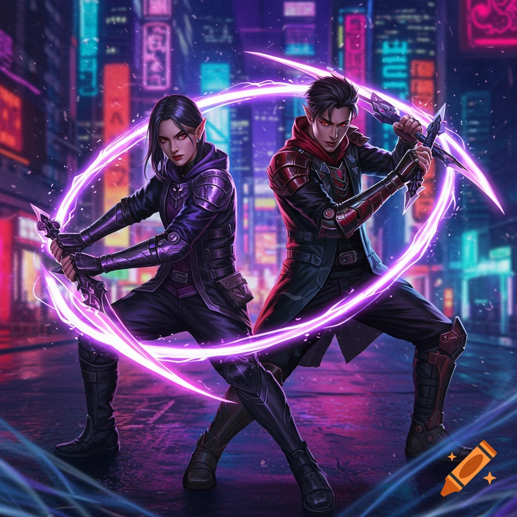 A man and a woman in armored outfits wield glowing blades in a neon cyberpunk city. Digital art.