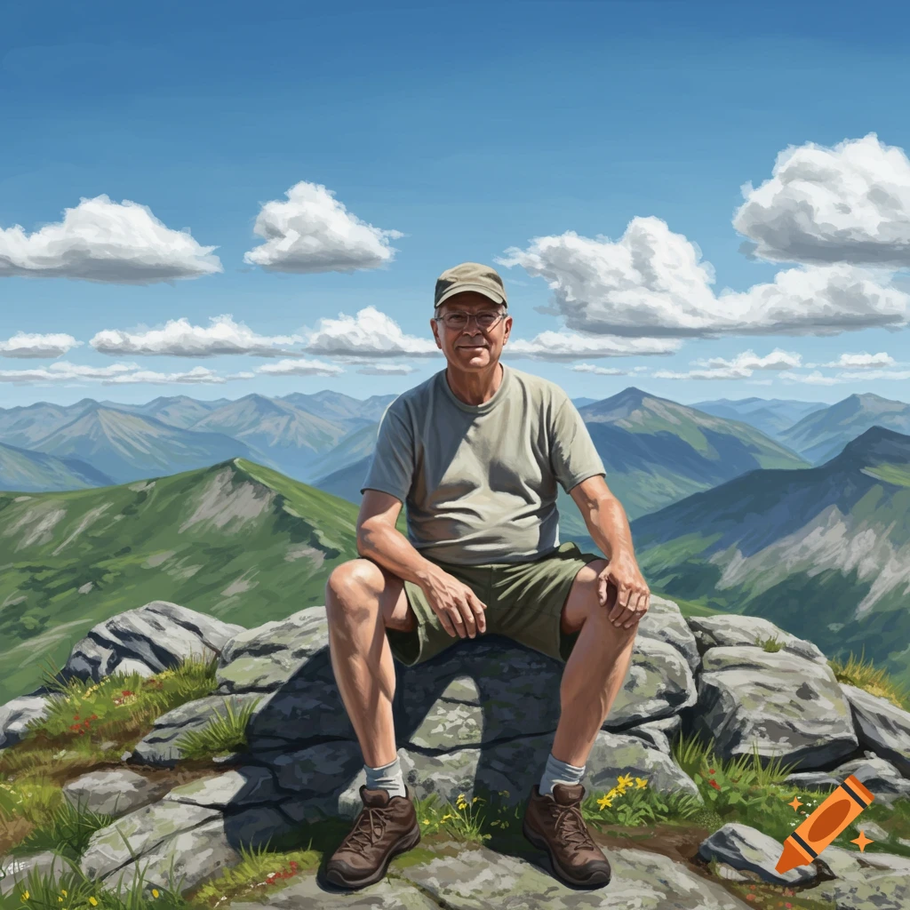 A middle-aged man in a cap, t-shirt, and shorts sits on a rocky mountain peak, smiling at the viewer, with a vast mountain range under a blue sky behind him.