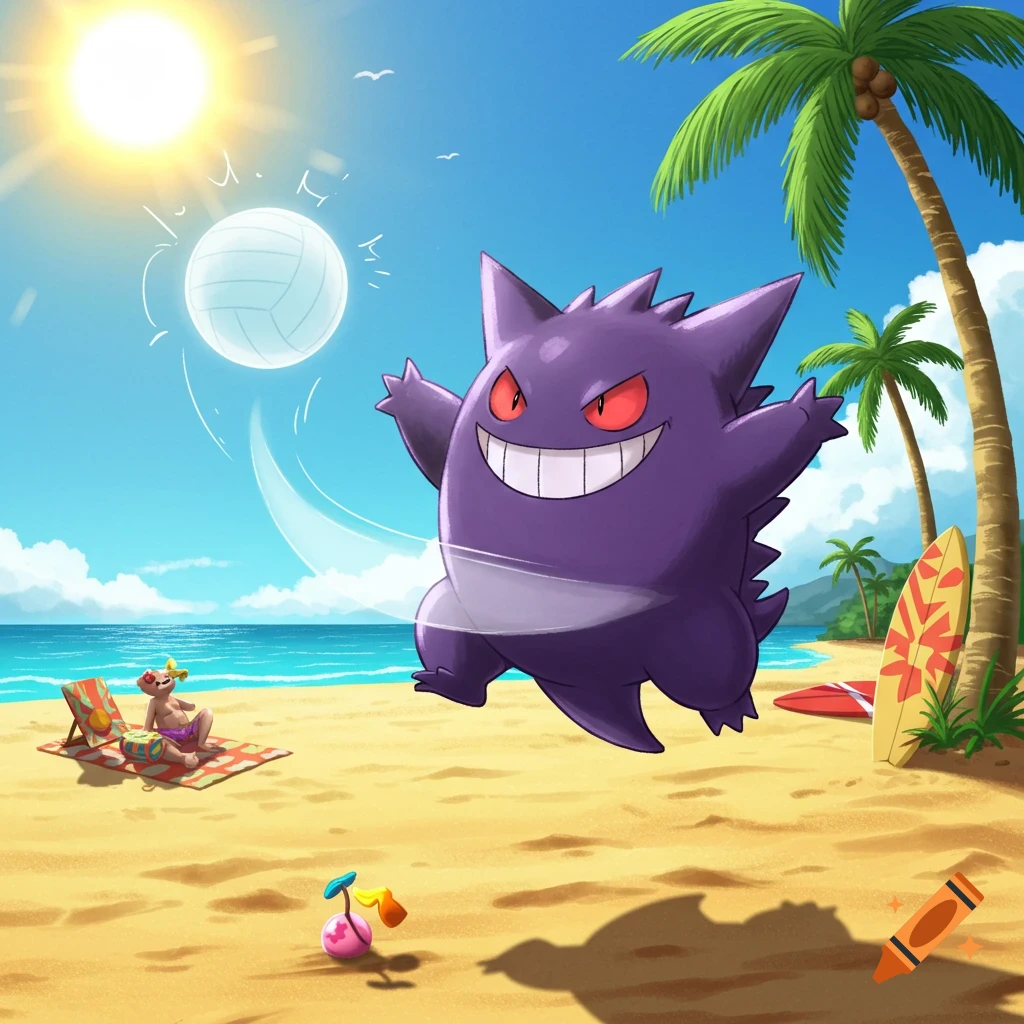 A purple Gengar jumps to hit a volleyball on a sunny cartoon beach with palm trees and another lounging Pokémon.