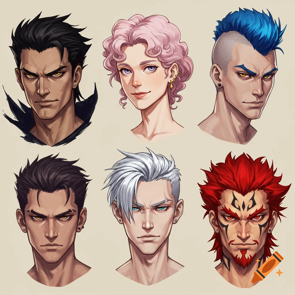 Six diverse manga-style male character busts with varied hairstyles, colors, and intense expressions on a light background.