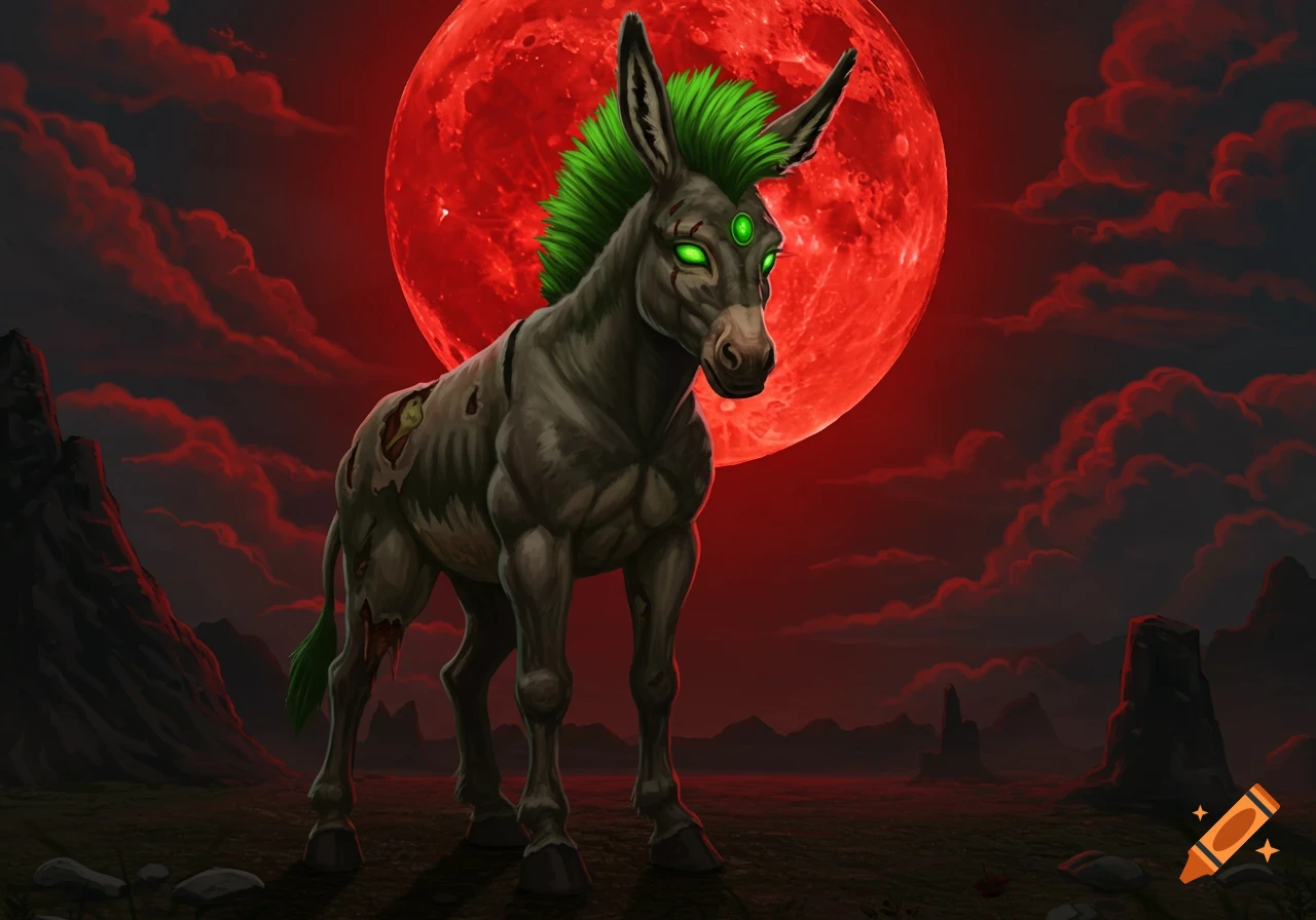 A muscular zombie donkey with a green mohawk and glowing green eyes stands under a large red blood moon in a dark, ominous landscape.