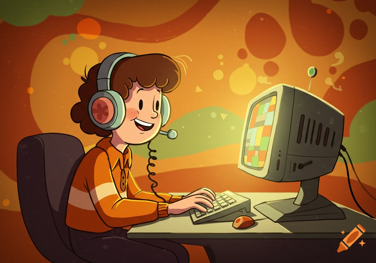 A cartoon boy with a headset smiles while typing on a computer at a desk in a retro 60s/70s style.