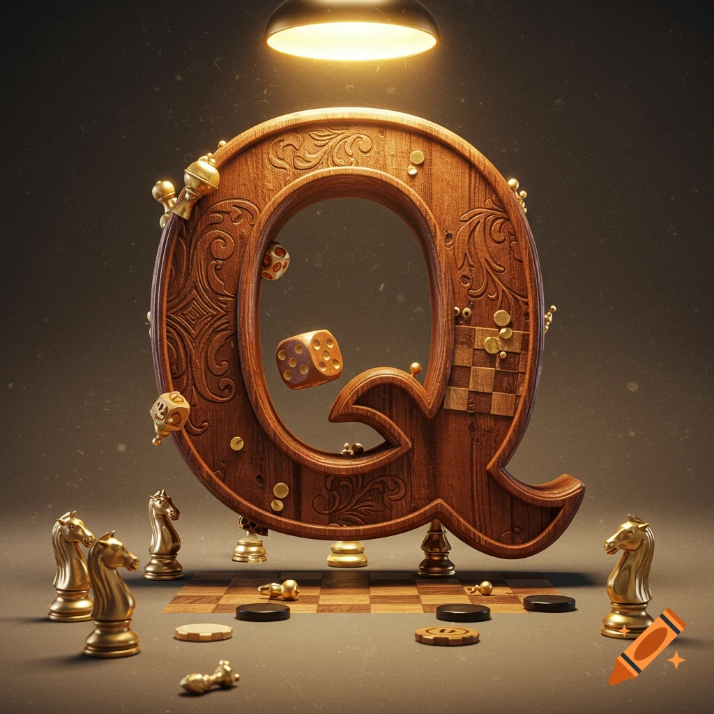 An ornate wooden letter Q surrounded by golden chess pieces, checkers, and dice, illuminated by a lamp.
